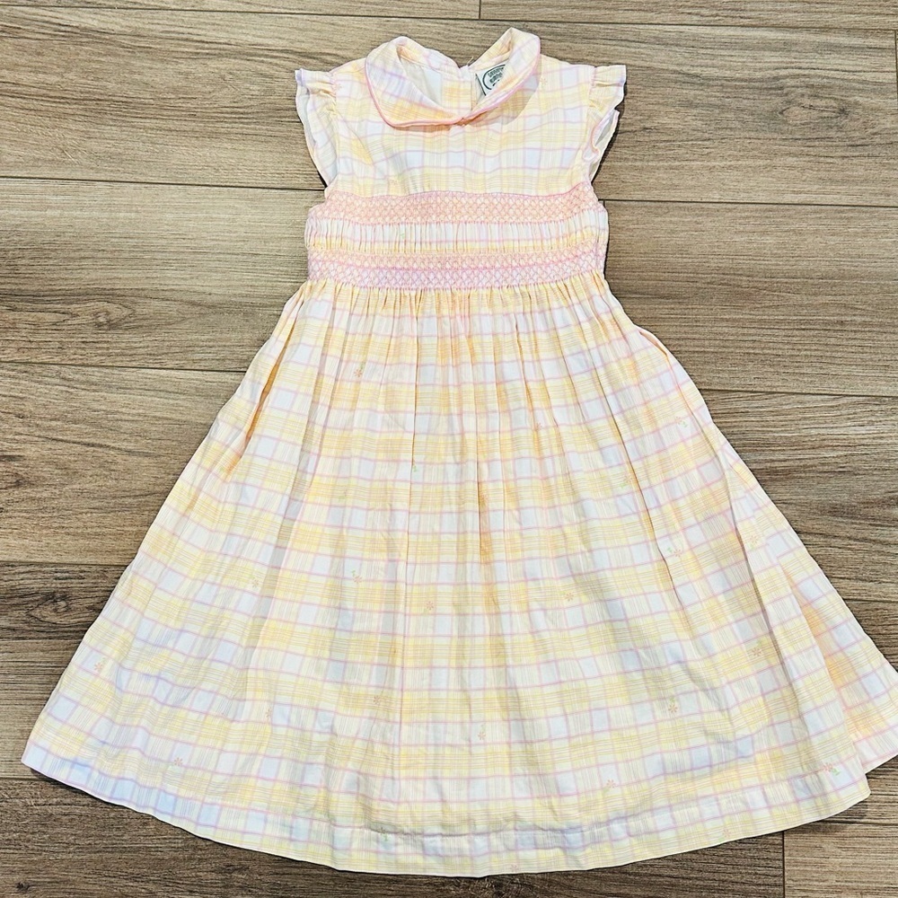 Laura Ashley Vintage Girls (6X) Plaid Yellow and Pink Smocked Plaid Dress